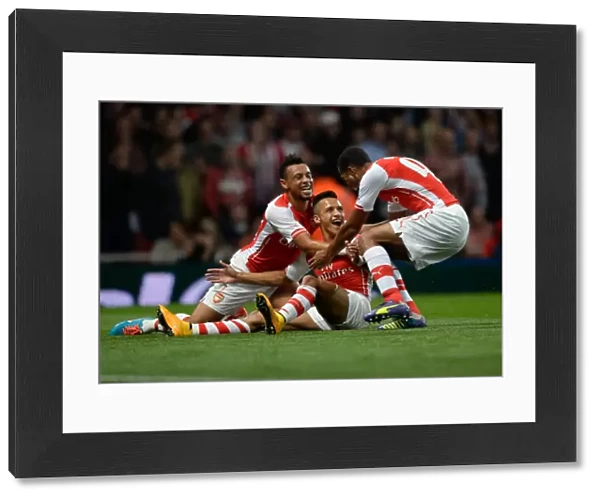 Arsenal's Alexis Sanchez, Issac Hayden, and Francis Coquelin Celebrate Goal Against Southampton (2014 / 15 League Cup)