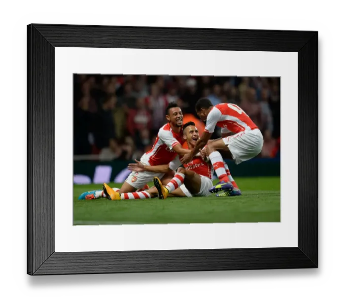 Framed Print : Arsenal's Alexis Sanchez, Issac Hayden, and Francis Coquelin Celebrate Goal Against Southampton (2014 / 15 League Cup)