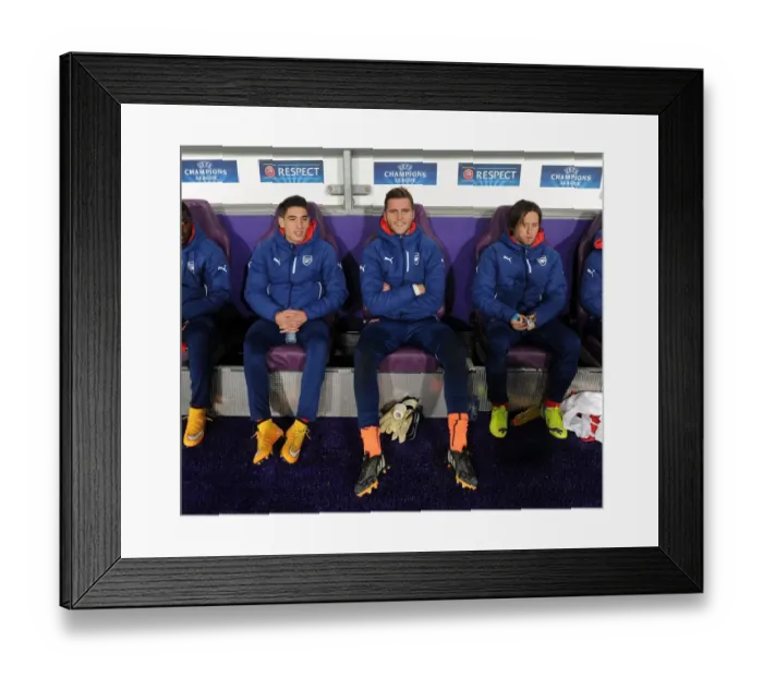 Framed Print : Arsenal Bench: Hector Bellerin, Ryan Huddart, Tomas Rosicky (Anderlecht vs Arsenal, 2014-15)