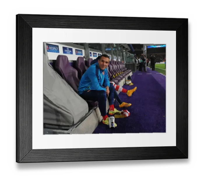 Framed Print : Lukas Podolski on the Bench: Arsenal FC vs. RSC Anderlecht, UEFA Champions League 2014-15