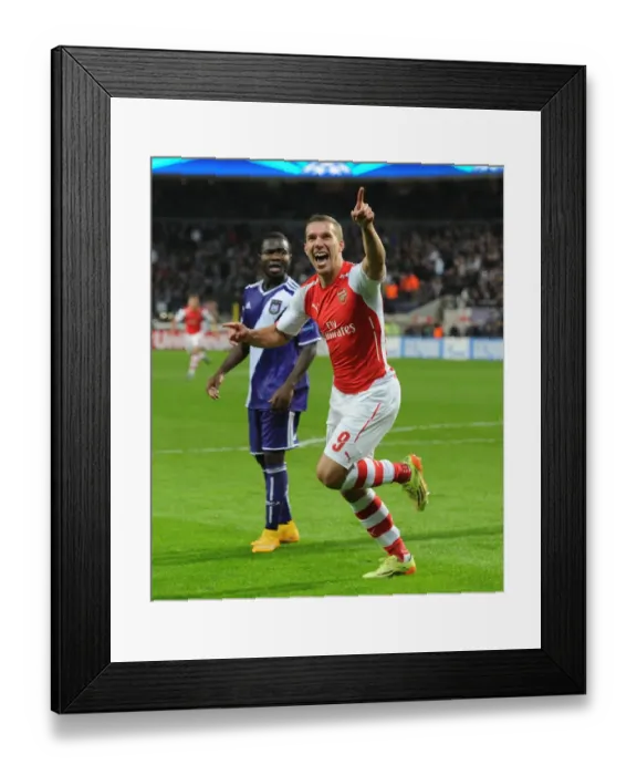 Framed Print : Podolski Scores Arsenal's Second Goal in UEFA Champions League Match against RSC Anderlecht (2014-15)