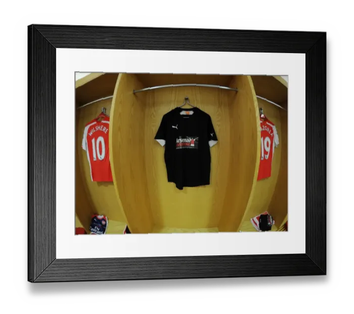 Framed Print : Arsenal's Arsenal For Everyone T-Shirts in Home Changing Room (Arsenal vs Hull City, 2014-15)