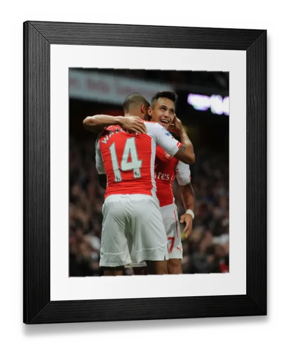 Framed Print : Arsenal Stars Alexis Sanchez and Theo Walcott Celebrating Goals vs Burnley, 2014 / 15