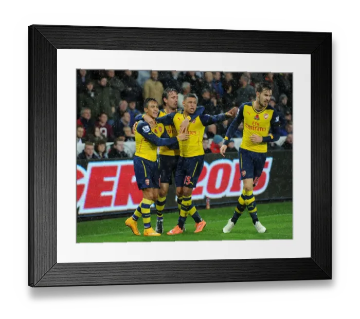 Framed Print : Celebrating a Goal: Alexis Sanchez, Alex Oxlade-Chamberlain, and Nacho Monreal (Swansea vs Arsenal, 2014-15)