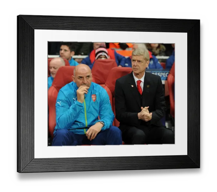 Framed Print : Arsene Wenger and Steve Bould: Pre-Match Huddle at Arsenal's Emirates Stadium (Arsenal v Anderlecht, 2014 / 15 Champions League)