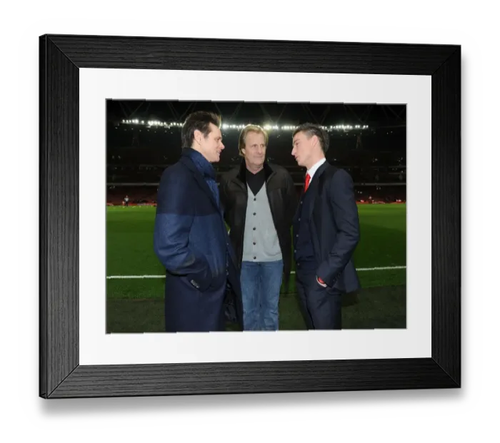 Framed Print : Arsenal's Koscielny Meets Hollywood: Jim Carrey and Jeff Daniels Surprise Visit to the Emirates, 2014-15
