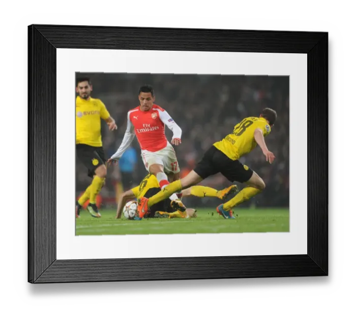 Framed Print : Arsenal's Alexis Sanchez Clashes with Dortmund's Piszczek and Ginter in Champions League Showdown Framed Print : Arsenal's Alexis Sanchez Clashes with Dortmund's Piszczek and Ginter in Champions League Showdown