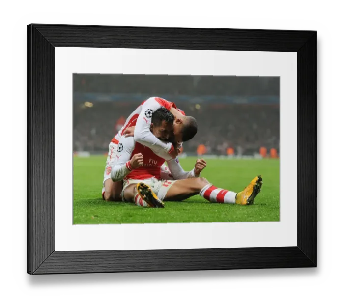 Framed Print : Alexis Sanchez and Kieran Gibbs Celebrate Arsenal's Goals Against Borussia Dortmund in the 2014-15 UEFA Champions League