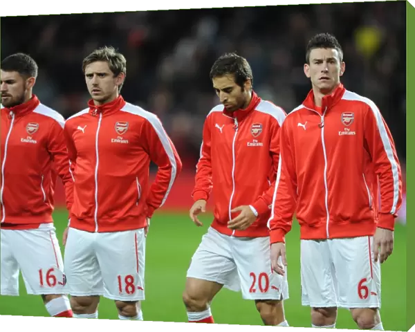 Nacho Monreal, Mathieu Flamini and Laurent Koscielny (Arsenal) before the match. Arsenal 1