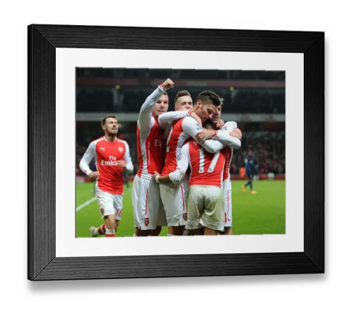 Framed Print : Celebrating Together: Sanchez, Giroud, Podolski, and Monreal (Arsenal vs Southampton, 2014-15)