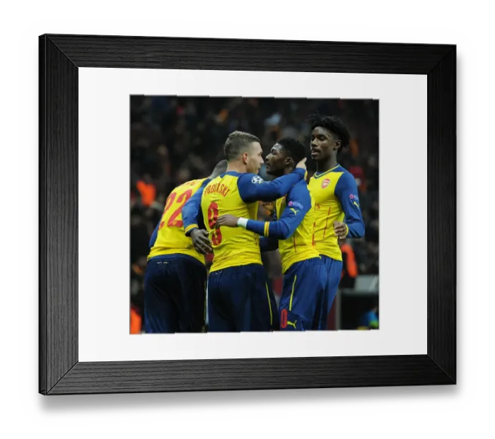 Framed Print : Podolski's Brace: Galatasaray vs. Arsenal in the UEFA Champions League - Ainsley Maitland-Niles and Stefan O'Connor Celebrate