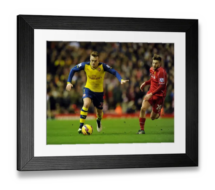 Framed Print : Calum Chambers Breaks Past Adam Lallana: Intense Moment from the Liverpool vs. Arsenal Premier League Clash (2014 / 15)
