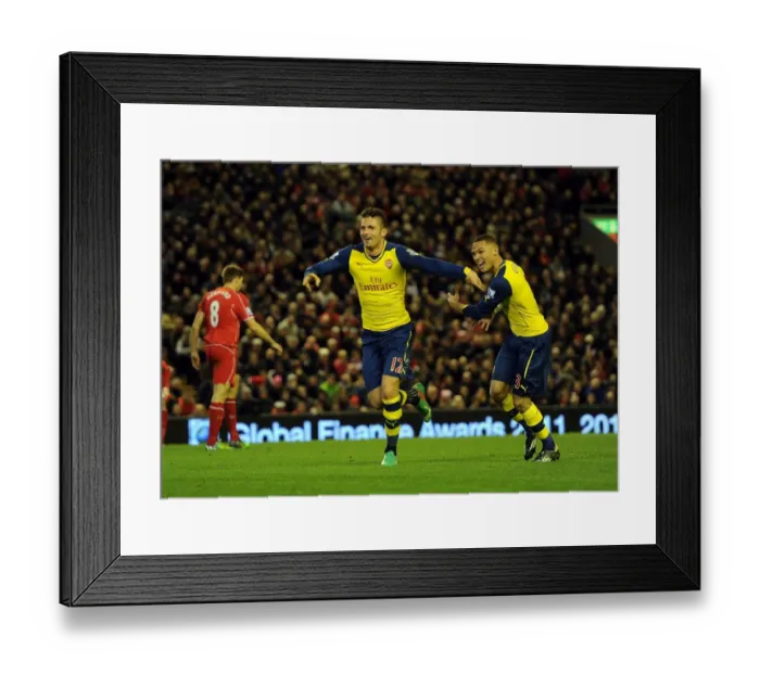 Framed Print : Giroud and Gibbs Celebrate Arsenal's Winning Goals Against Liverpool (2014 / 15)