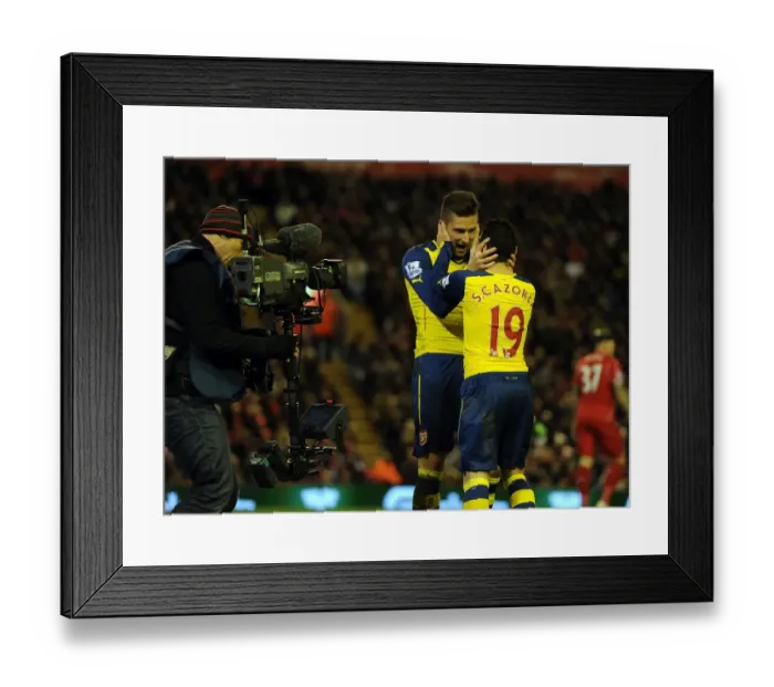 Framed Print : Giroud and Cazorla Celebrate Arsenal's Winning Goals Against Liverpool (2014 / 15)