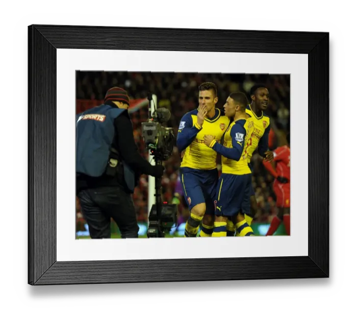 Framed Print : Arsenal's Giroud and Oxlade-Chamberlain Celebrate Goals Against Liverpool (2014 / 15) - Anfield Rivalry Unleashed Framed Print : Arsenal's Giroud and Oxlade-Chamberlain Celebrate Goals Against Liverpool (2014 / 15) - Anfield Rivalry Unleashed