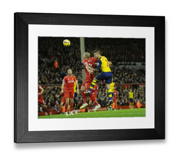 Framed Print : Debuchy Strikes: Dramatic Moment Arsenal's Mathieu Debuchy Scores Past Liverpool's Martin Skrtel (2014 / 15)