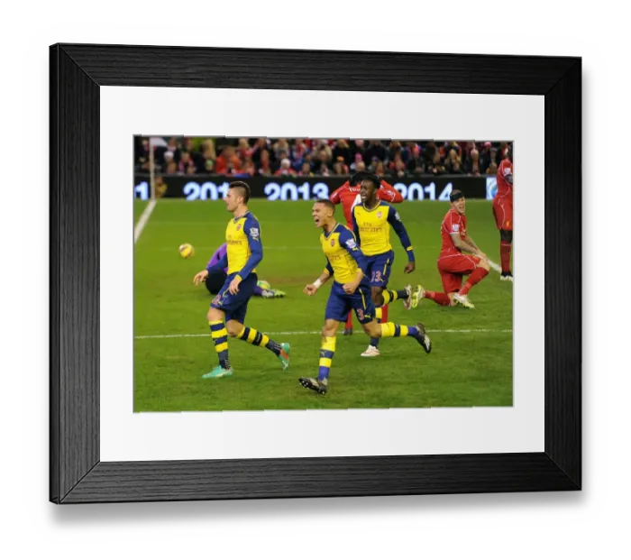 Framed Print : Giroud, Gibbs, and Welbeck: Celebrating Arsenal's Winning Moment at Anfield (Liverpool v Arsenal 2014 / 15)
