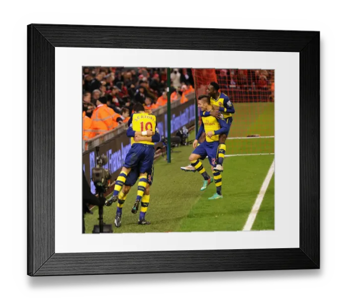 Framed Print : Giroud and Welbeck Celebrate Arsenal's Winning Goals Against Liverpool (2014 / 15)