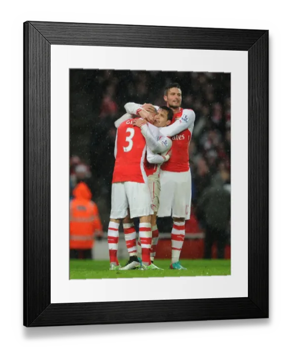 Framed Print : Arsenal's Triumph: Sanchez, Cazorla, and Giroud Celebrate First Goal vs. Queens Park Rangers (2014-15)