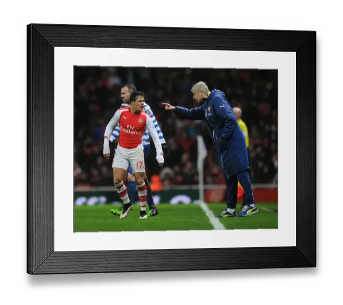 Framed Print : Arsene Wenger Conferring with Alexis Sanchez during Arsenal's Match against Queens Park Rangers (2014-15)