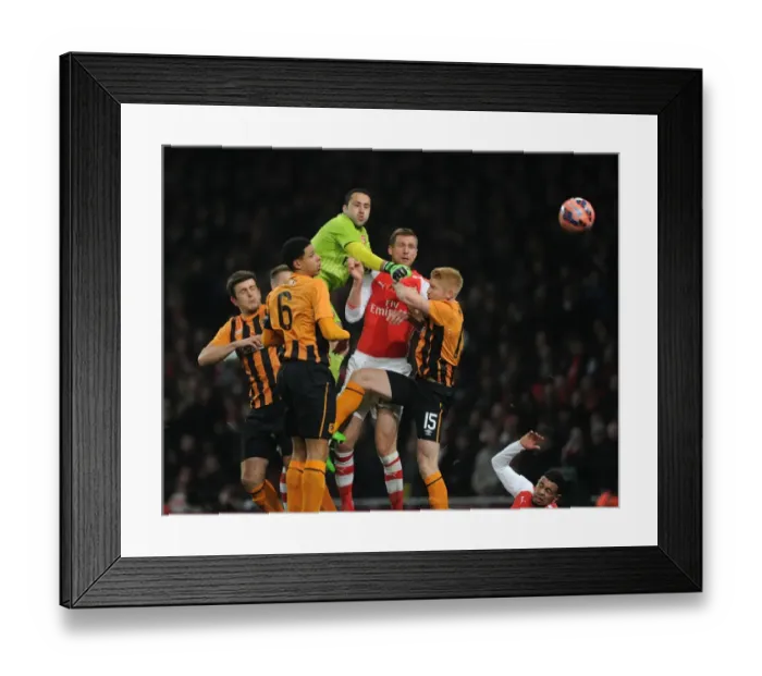 Framed Print : Arsenal's Ospina Fends Off Hull's Davies and McShane in FA Cup Clash
