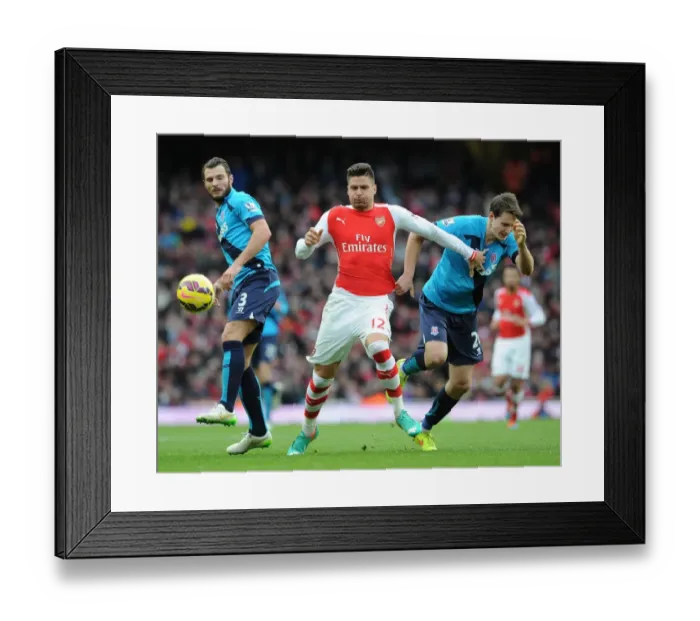 Framed Print : Arsenal's Olivier Giroud Battles Past Stoke's Erik Pieters and Philipp Wollscheid Framed Print : Arsenal's Olivier Giroud Battles Past Stoke's Erik Pieters and Philipp Wollscheid