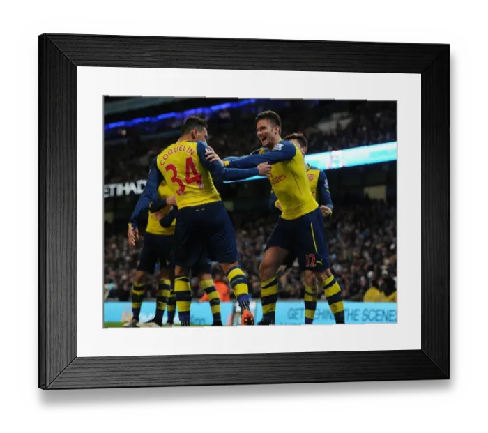 Framed Print : Olivier Giroud and Francis Coquelin Celebrate Arsenal's Goals Against Manchester City (2014-15)