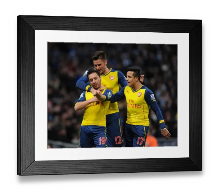 Framed Print : Triumphant Threesome: Cazorla, Giroud, Sanchez - Arsenal's Goal Celebration vs. Manchester City