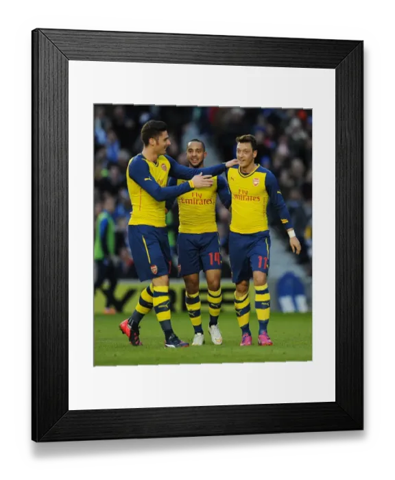 Framed Print : Mesut Ozil, Olivier Giroud, and Theo Walcott Celebrate Arsenal's Goals Against Brighton & Hove Albion in FA Cup Fourth Round