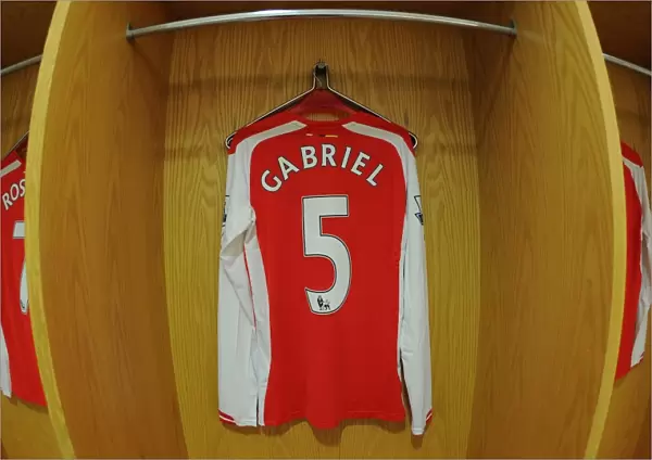 Gabriel's Jersey in Arsenal Changing Room Before Arsenal vs Aston Villa (2015)