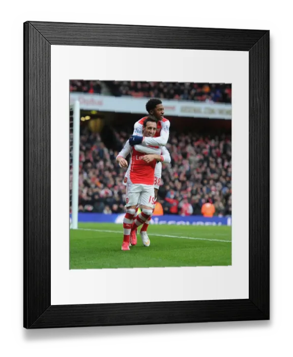 Framed Print : Santi Cazorla and Chuba Akpom Celebrate Arsenal's Fourth Goal Against Aston Villa (2015)