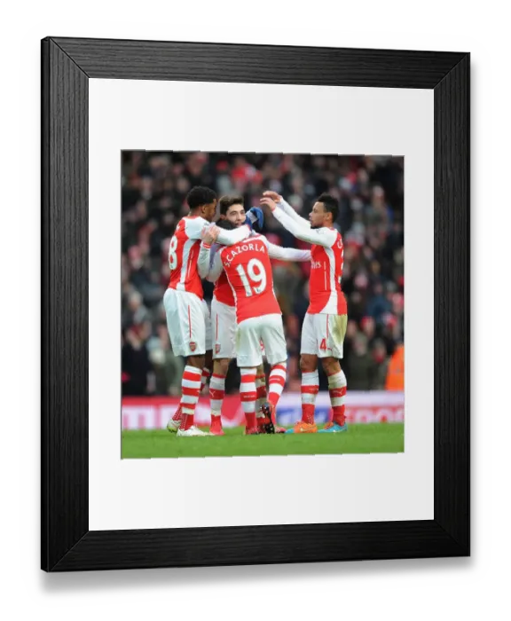Framed Print : Arsenal's Bellerin, Akpom, Cazorla, and Coquelin Celebrate Goal Against Aston Villa (2014-15)