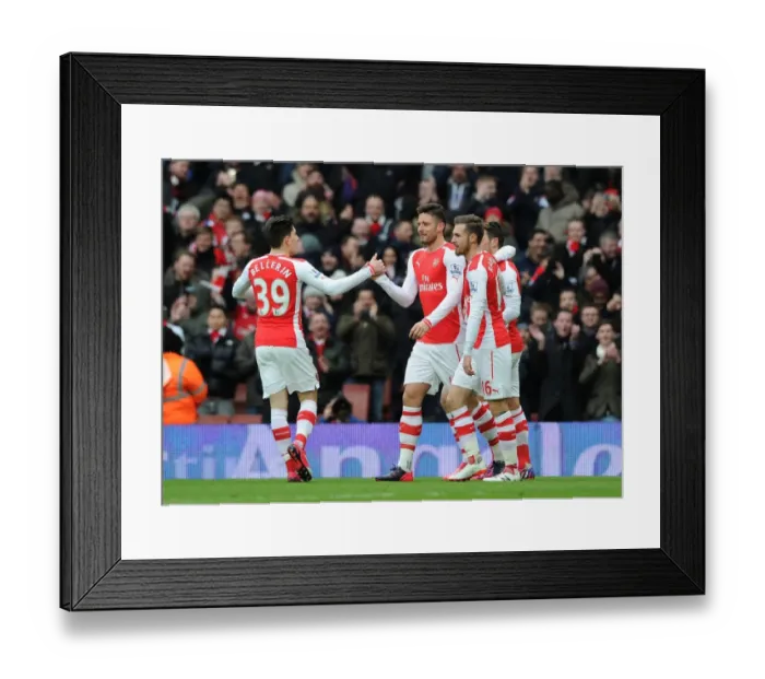 Framed Print : Arsenal Celebrate: Giroud, Bellerin, Ramsey Score Against Aston Villa (2014-15)