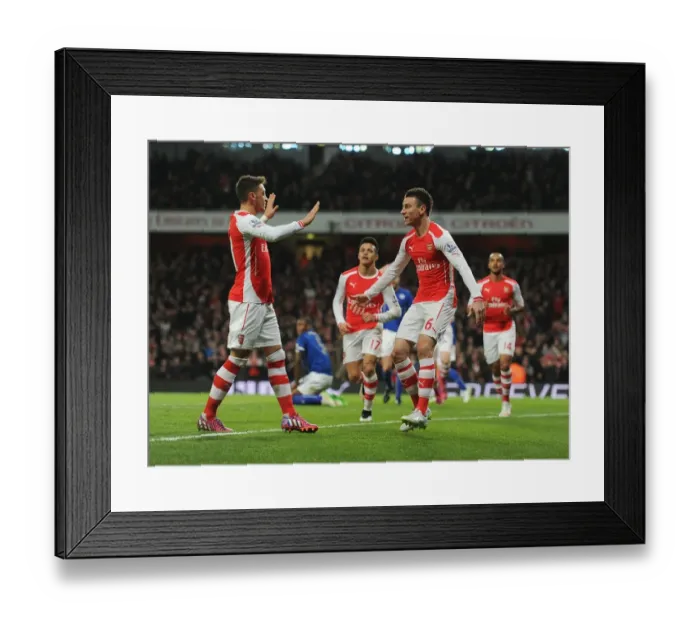 Framed Print : Arsenal's Koscielny and Ozil Celebrate First Goal Against Leicester City (2014-15) Framed Print : Arsenal's Koscielny and Ozil Celebrate First Goal Against Leicester City (2014-15)
