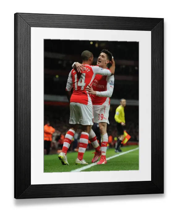 Framed Print : Arsenal's Theo Walcott and Hector Bellerin Celebrate Goal Against Leicester City (2014-15) Framed Print : Arsenal's Theo Walcott and Hector Bellerin Celebrate Goal Against Leicester City (2014-15)