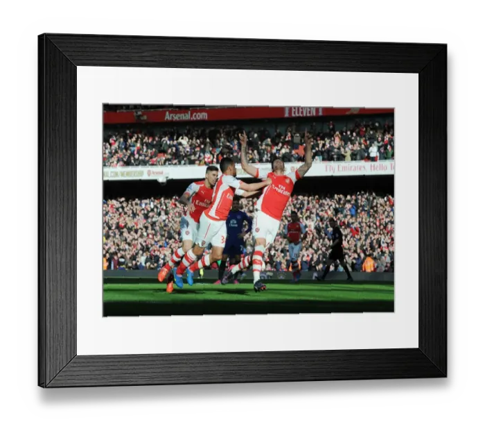 Framed Print : Arsenal's Olivier Giroud Scores, Celebrates with Gabriel and Coquelin vs Everton (2014-15)