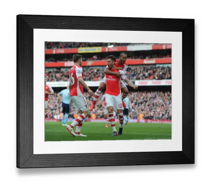 Framed Print : Arsenal's Olivier Giroud Scores, Celebrates with Ramsey and Walcott vs West Ham United (2015) Framed Print : Arsenal's Olivier Giroud Scores, Celebrates with Ramsey and Walcott vs West Ham United (2015)