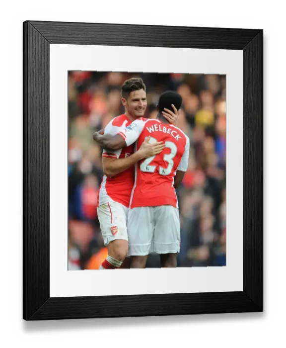 Framed Print : Arsenal's Premier League Victory: Giroud and Welbeck Celebrate with Arms Raised Framed Print : Arsenal's Premier League Victory: Giroud and Welbeck Celebrate with Arms Raised