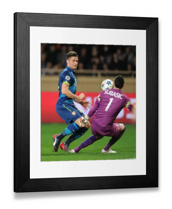 Framed Print : Olivier Giroud Scores First Goal: Arsenal vs. AS Monaco, UEFA Champions League Round of 16 (March 2015)