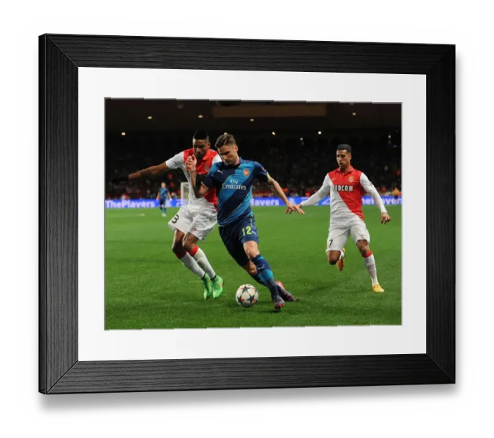 Framed Print : Clash of Giants: Olivier Giroud Faces Off Against Wallace and Nabil Dirar in Monaco vs Arsenal UCL Showdown