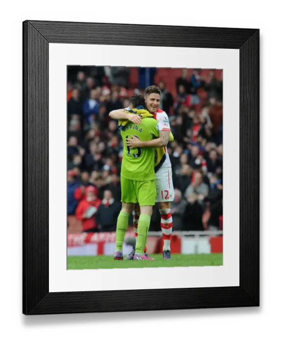 Framed Print : Olivier Giroud and David Ospina (Arsenal) celebrate after the match. Arsenal 4: 1 Liverpool
