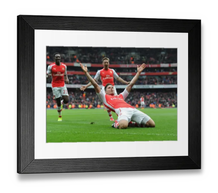Framed Print : Olivier Giroud Scores His Fourth Goal: Thrilling Arsenal Victory Over Liverpool, 2014-15 Premier League