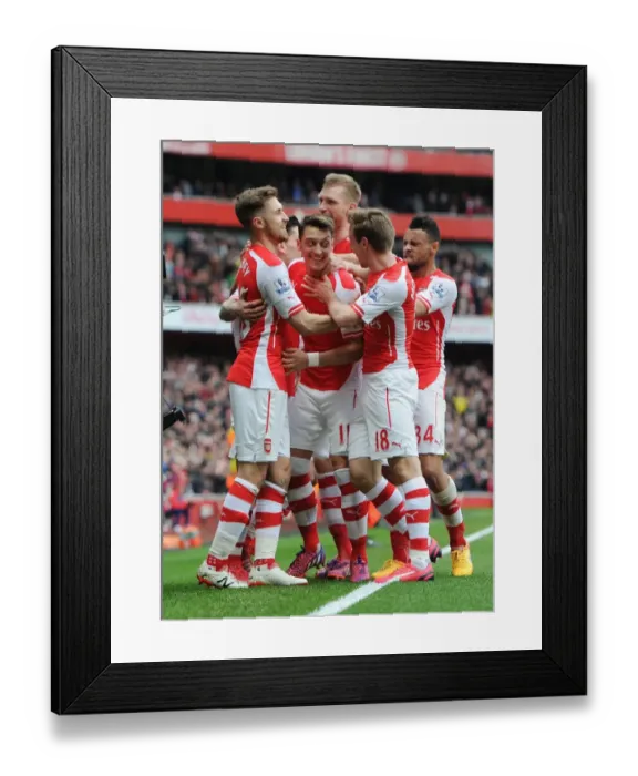 Framed Print : Arsenal: Mesut Ozil Scores, Aaron Ramsey, Nacho Monreal, and Francis Coquelin Celebrate Against Liverpool (2014-15)