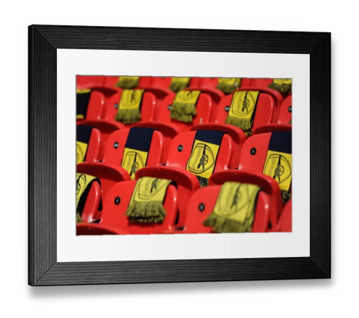Framed Print : Arsenal scarves left on the seats before the match. Arsenal 4: 0 Aston Villa. FA Cup Final