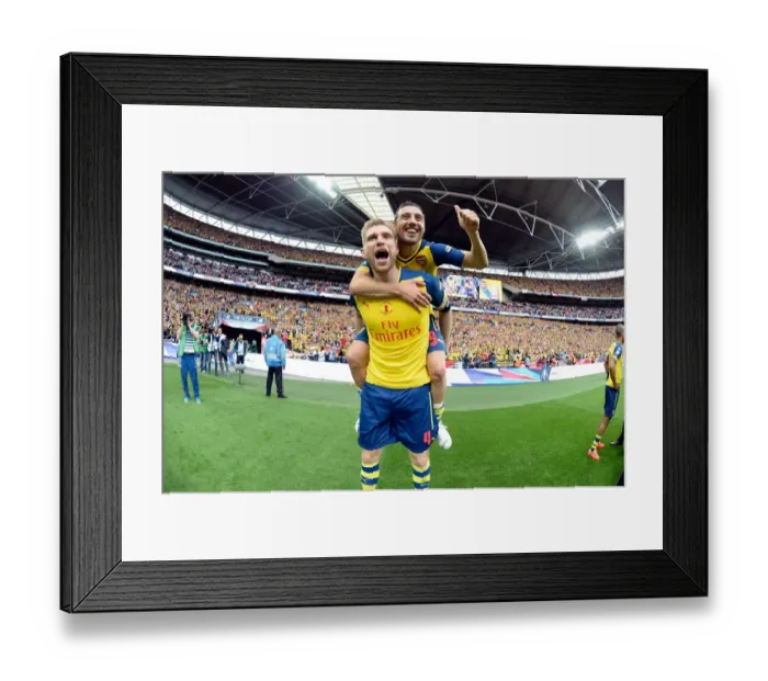 Framed Print : Arsenal's Per Mertesacker and Santi Cazorla Celebrate FA Cup Victory