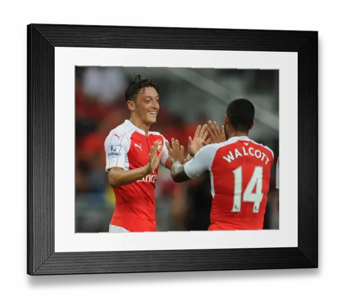 Framed Print : Mesut Ozil and Theo Walcott: Celebrating a Goal for Arsenal against Everton in the 2015 Asia Trophy Framed Print : Mesut Ozil and Theo Walcott: Celebrating a Goal for Arsenal against Everton in the 2015 Asia Trophy