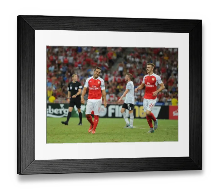 Framed Print : Arsenal Celebrate Goals: Santi Cazorla and Calum Chambers vs. Everton at 2015-16 Barclays Asia Trophy in Singapore