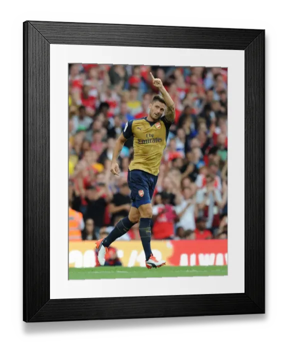 Framed Print : Olivier Giroud Scores First Goal for Arsenal in Emirates Cup Clash Against Olympique Lyonnais, 2015
