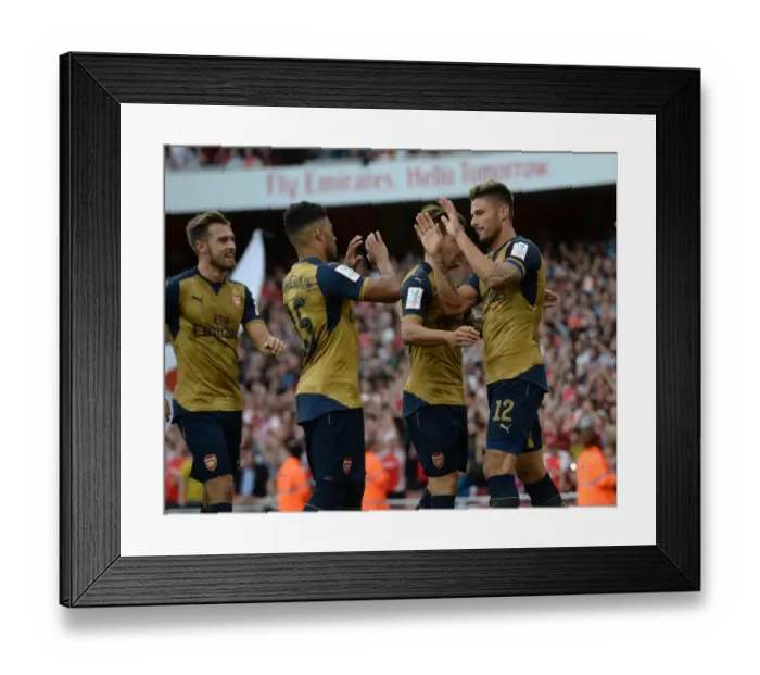 Framed Print : Arsenal: Giroud and Oxlade-Chamberlain in Jubilant Goal Celebration vs. Olympique Lyonnais (Emirates Cup 2015 / 16) Framed Print : Arsenal: Giroud and Oxlade-Chamberlain in Jubilant Goal Celebration vs. Olympique Lyonnais (Emirates Cup 2015 / 16)