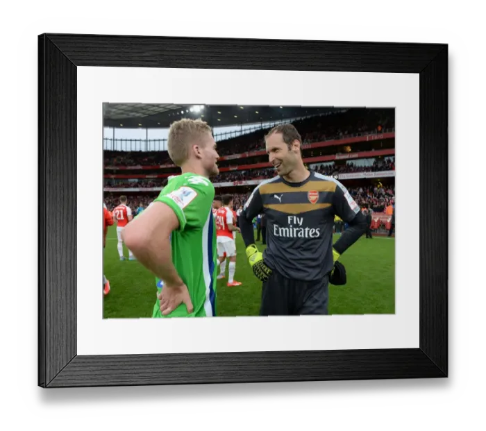 Framed Print : Arsenal's Cech and Schurrle Share a Moment After Arsenal v Wolfsburg at Emirates Cup 2015 / 16